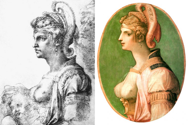 Michelangelo's drawing on the left, Ghirlandaio's Ideal Head "Zenobia" on the right