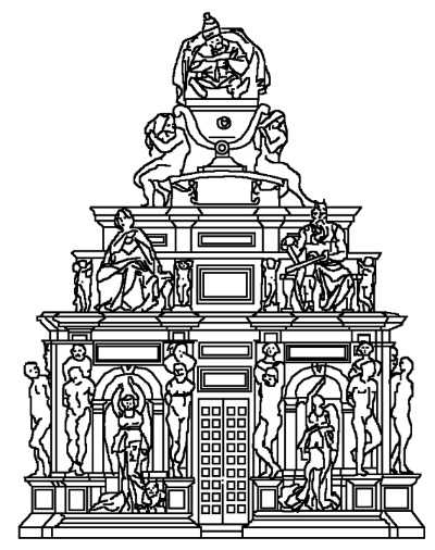 Ricostruzione del progetto di Michelangelo della tomba del papa Giulio II datata 1505 (1° progetto). Disegno di F. Russoli, 1952